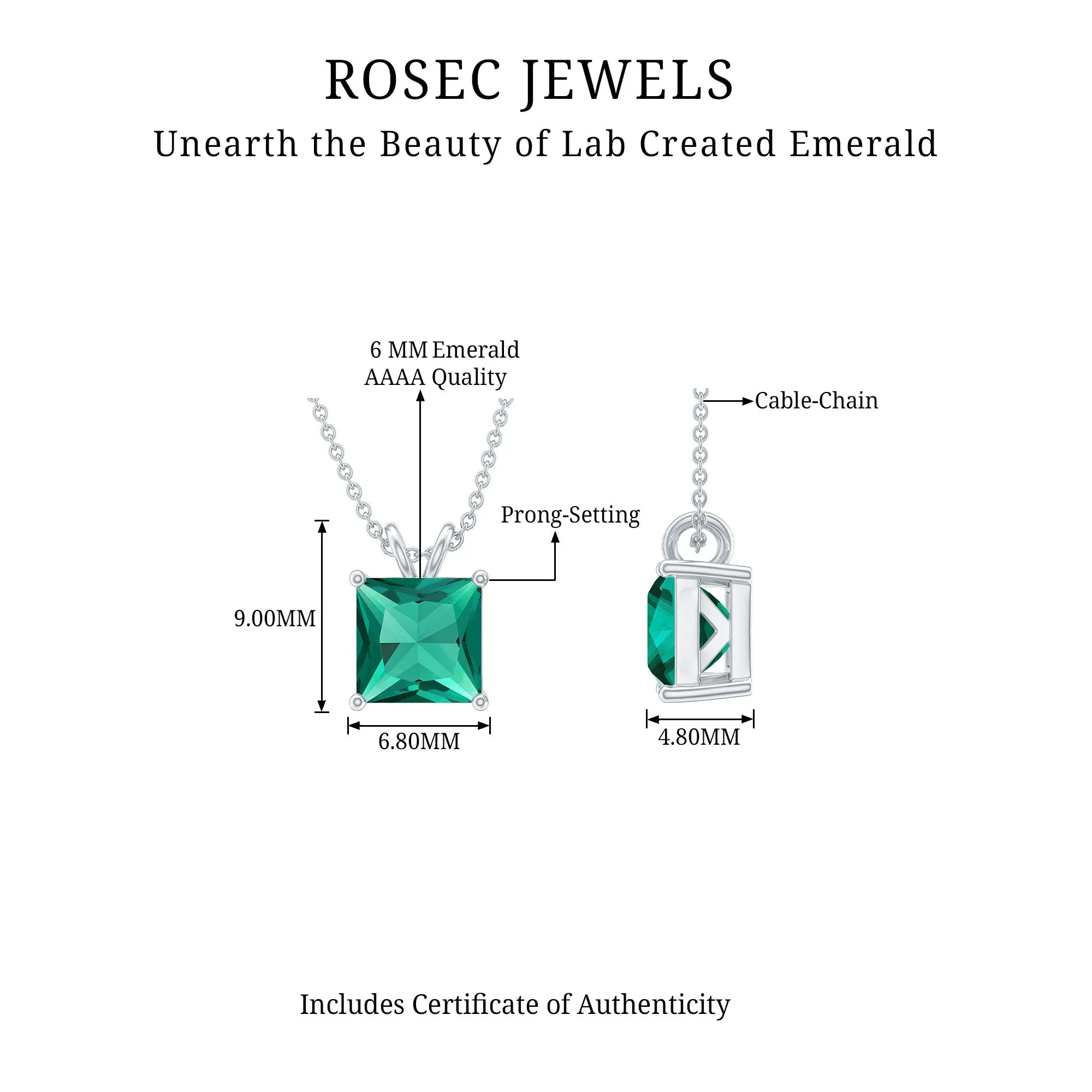 1.2 CT Princess Cut Created Emerald Solitaire Pendant for Women