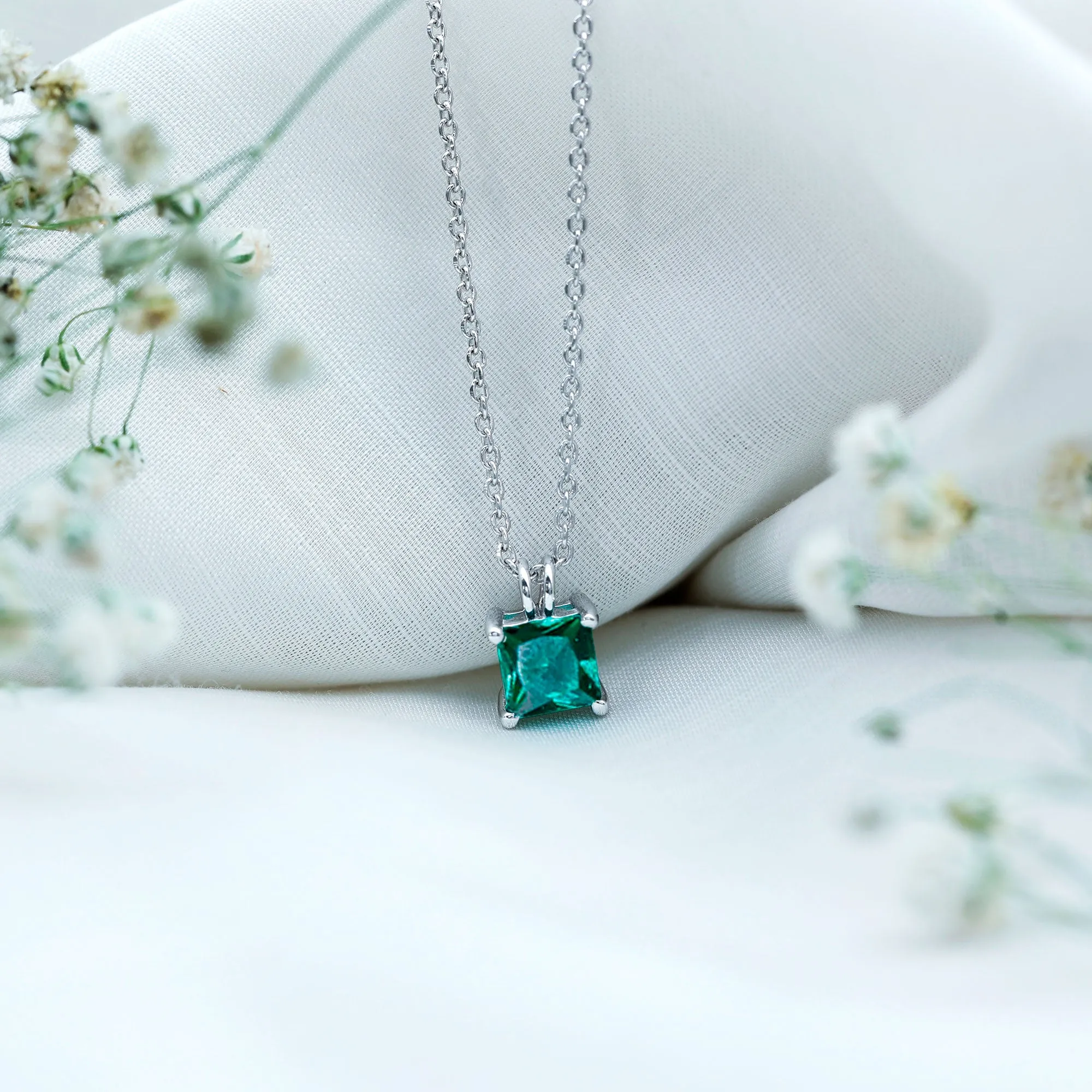 1.2 CT Princess Cut Created Emerald Solitaire Pendant for Women