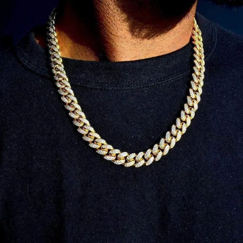 12mm Diamond Cuban Link Necklace   Bracelet Bundle in Yellow Gold