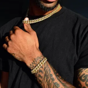 12mm Diamond Cuban Link Necklace   Bracelet Bundle in Yellow Gold