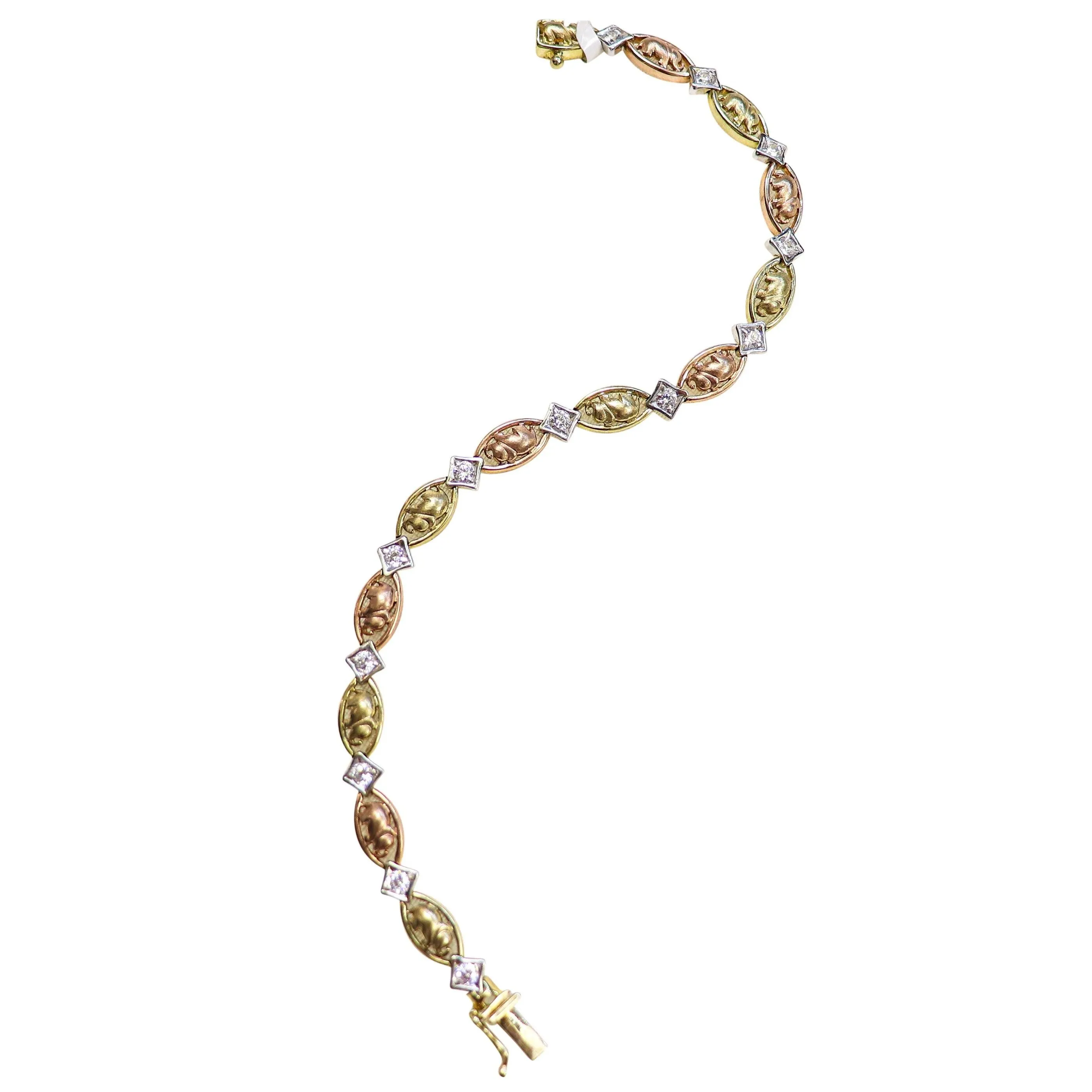 14 kt Tri Color Elephant Bracelet with Cubic Zircon