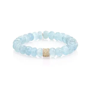 14K Gold Aquamarine Faceted Bracelet with 5 Diamond Rondelles - 10mm