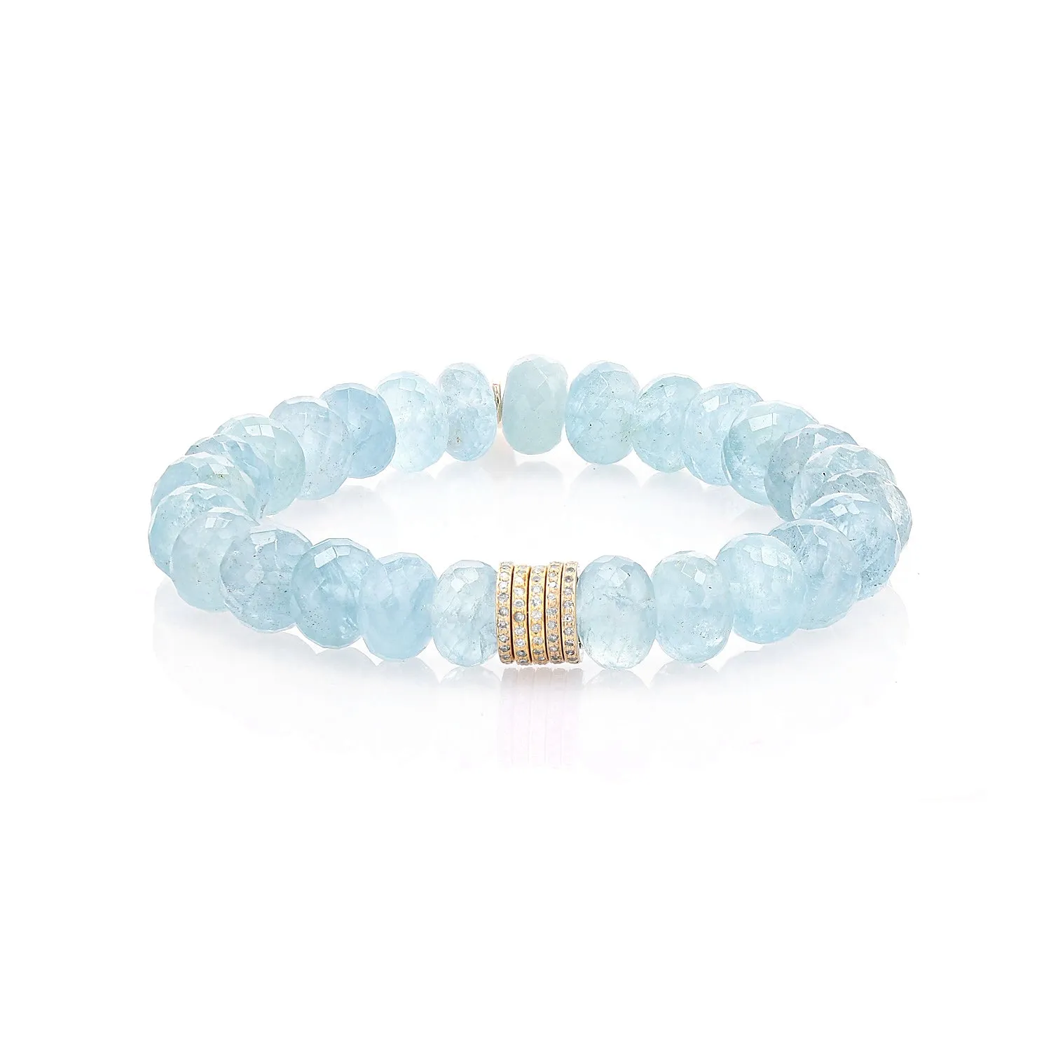 14K Gold Aquamarine Faceted Bracelet with 5 Diamond Rondelles - 10mm