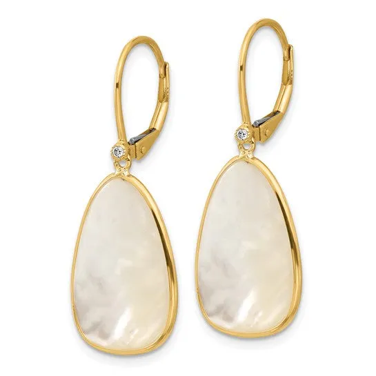 14K Polished Mother of Pearl and Diamond Leverback Dangle Earrings