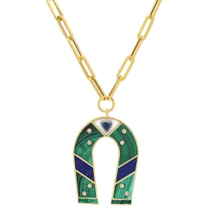 14K Yellow Gold Malachite and Lapis Inlay Horseshoe Necklace