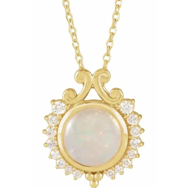 14K Yellow Gold Natural White Opal & 1/6 CTW Natural Diamond 16-18" Necklace