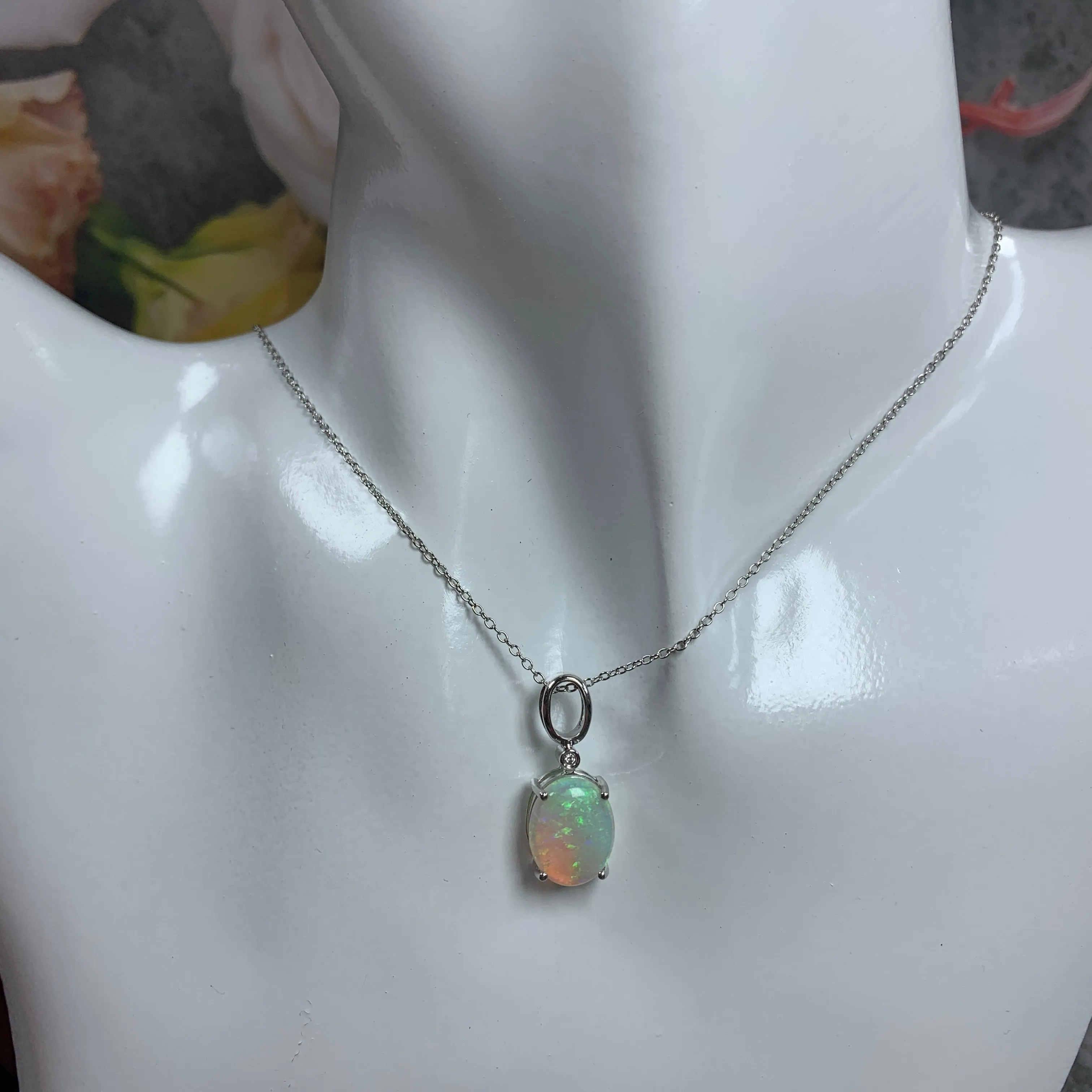 14kt White Gold 2.72ct Crystal Opal and 0.02ct Diamond pendant