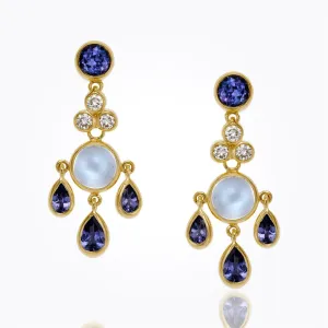 18K Fringe Earrings with tanzanite, Royal Blue Moonstone and diamond