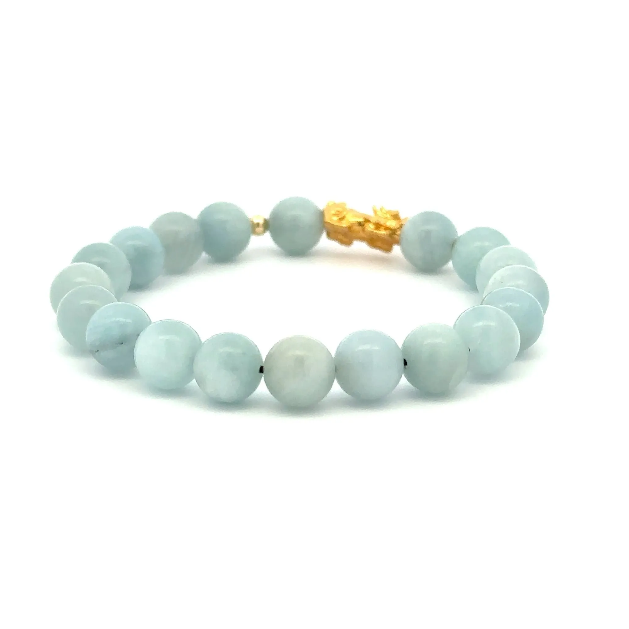 18K Gold Dragon Pixiu Piyao Lucky Charm Beads Bracelet Gemstones Aquamarine 8mm