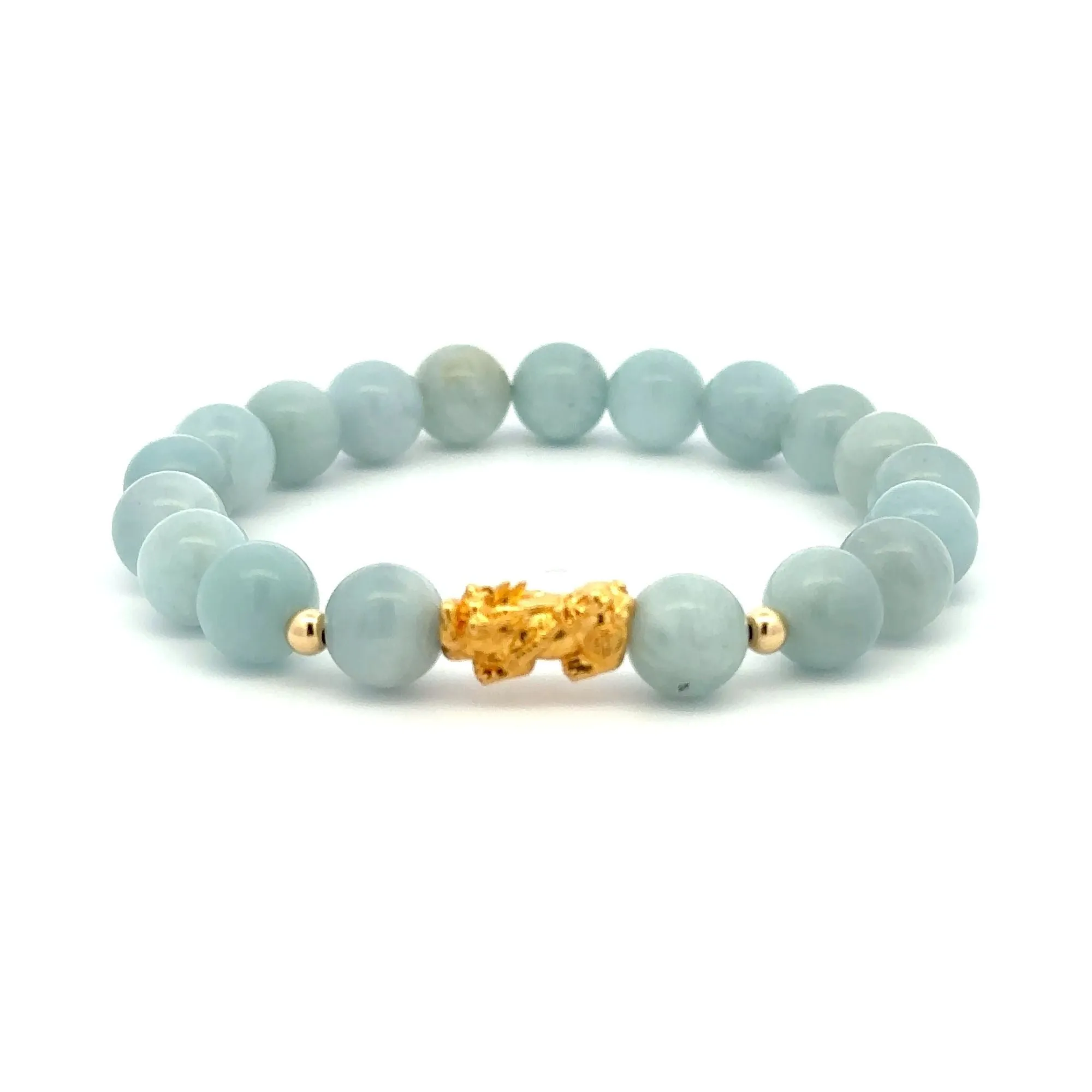 18K Gold Dragon Pixiu Piyao Lucky Charm Beads Bracelet Gemstones Aquamarine 8mm
