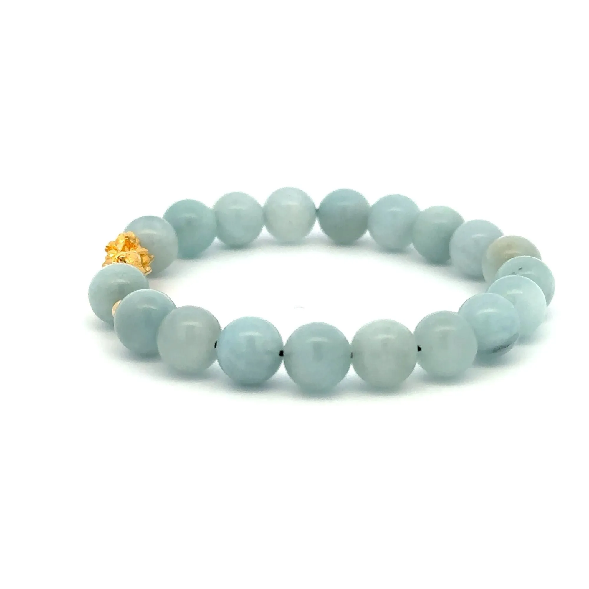18K Gold Dragon Pixiu Piyao Lucky Charm Beads Bracelet Gemstones Aquamarine 8mm