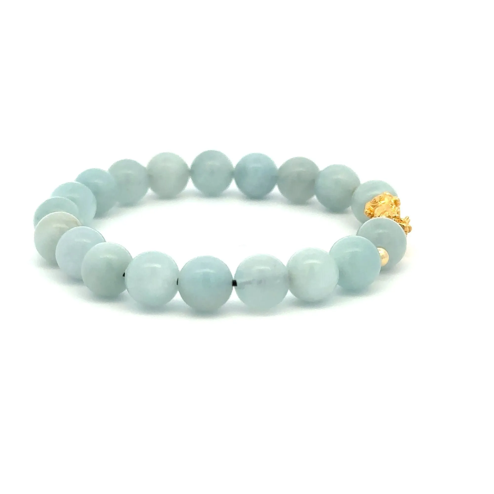 18K Gold Dragon Pixiu Piyao Lucky Charm Beads Bracelet Gemstones Aquamarine 8mm