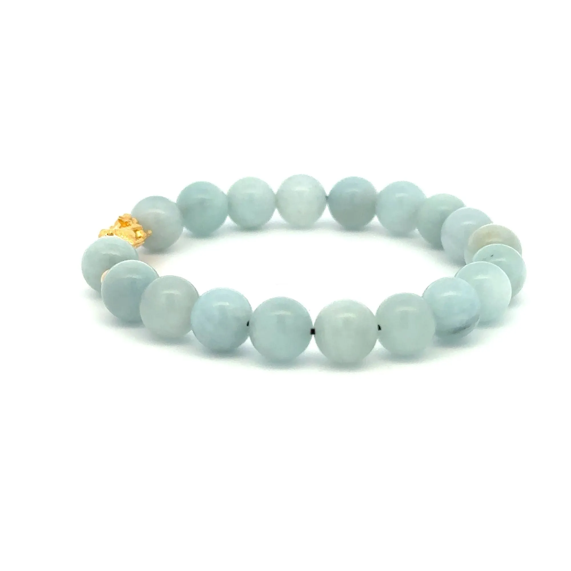 18K Gold Dragon Pixiu Piyao Lucky Charm Beads Bracelet Gemstones Aquamarine 8mm