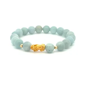18K Gold Dragon Pixiu Piyao Lucky Charm Beads Bracelet Gemstones Aquamarine 8mm
