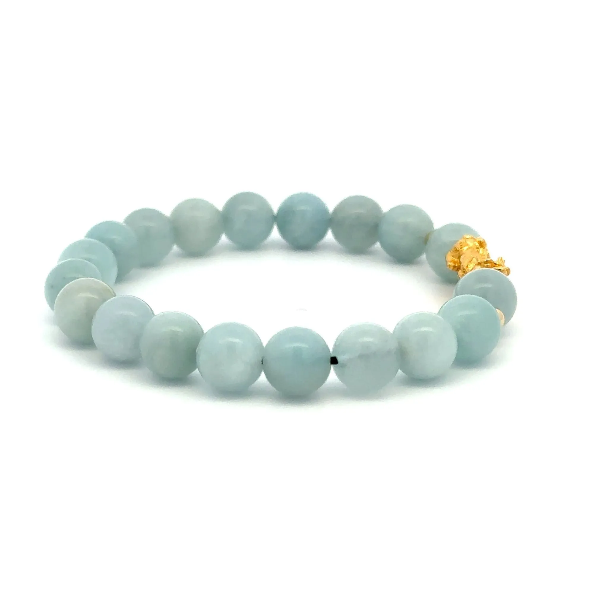 18K Gold Dragon Pixiu Piyao Lucky Charm Beads Bracelet Gemstones Aquamarine 8mm