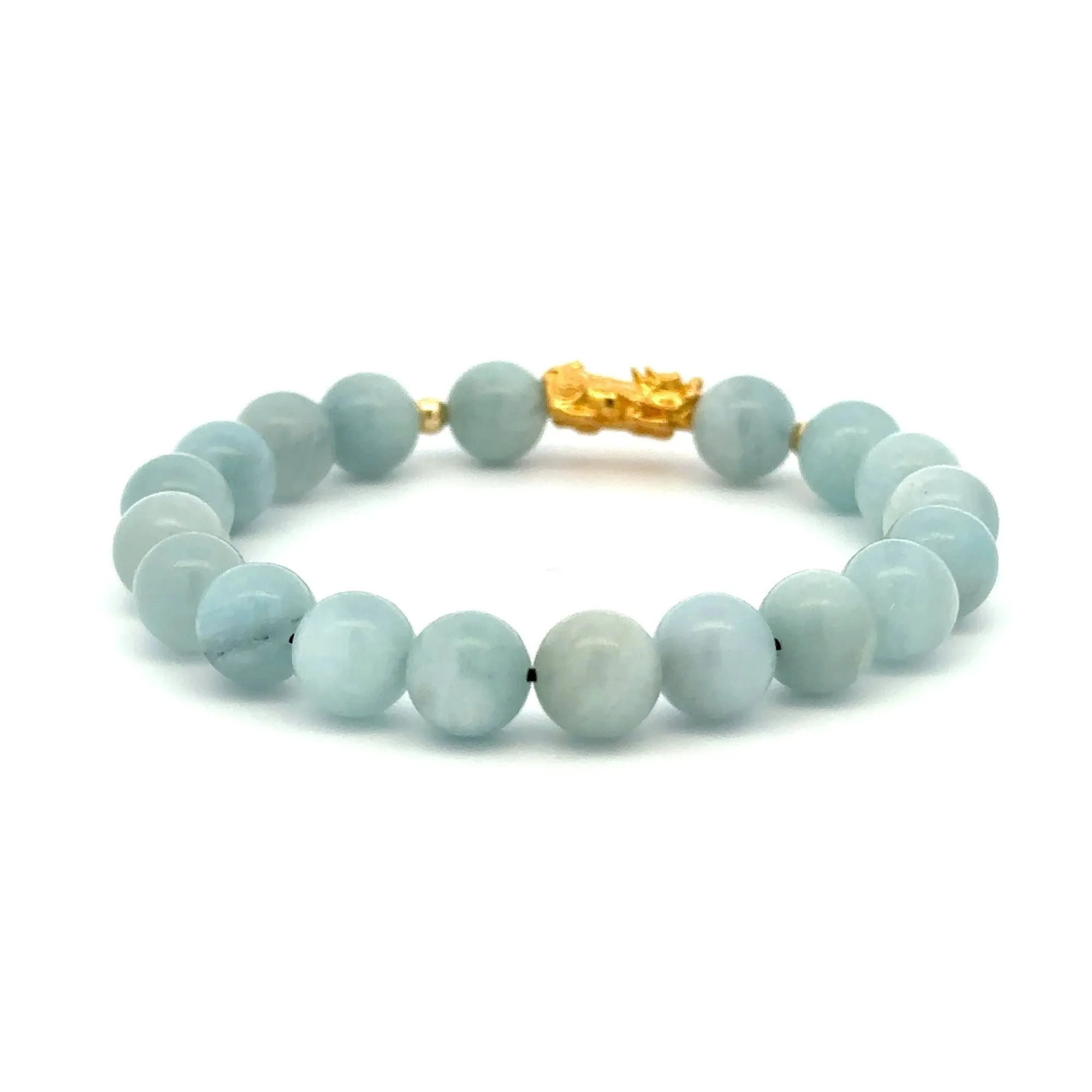 18K Gold Dragon Pixiu Piyao Lucky Charm Beads Bracelet Gemstones Aquamarine 8mm