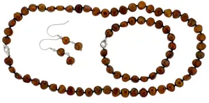 18" Knotted Chocolate Flat Pearl Necklace Set w/ Wire Fashion Earrings (SKU: 190709)