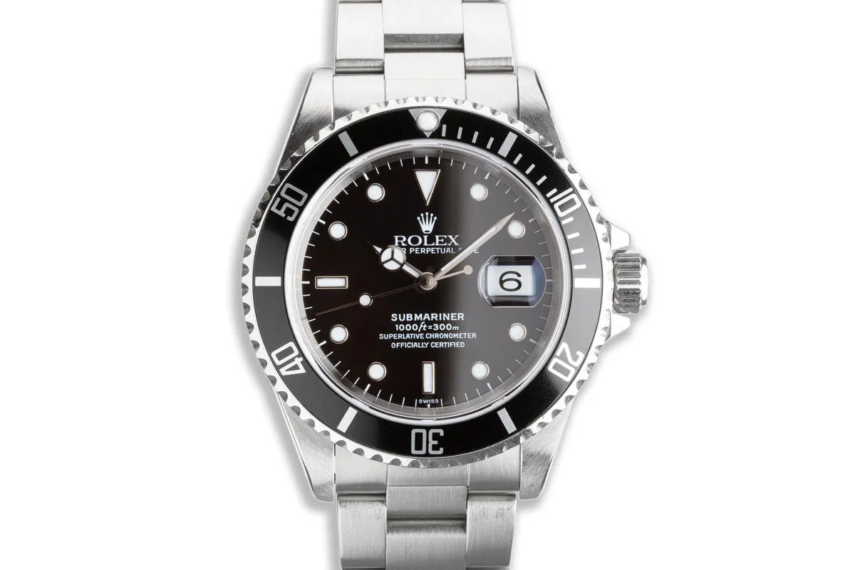 1999 Rolex Submariner 16610 with Box & Papers "Swiss Only" Dial Box & Papers