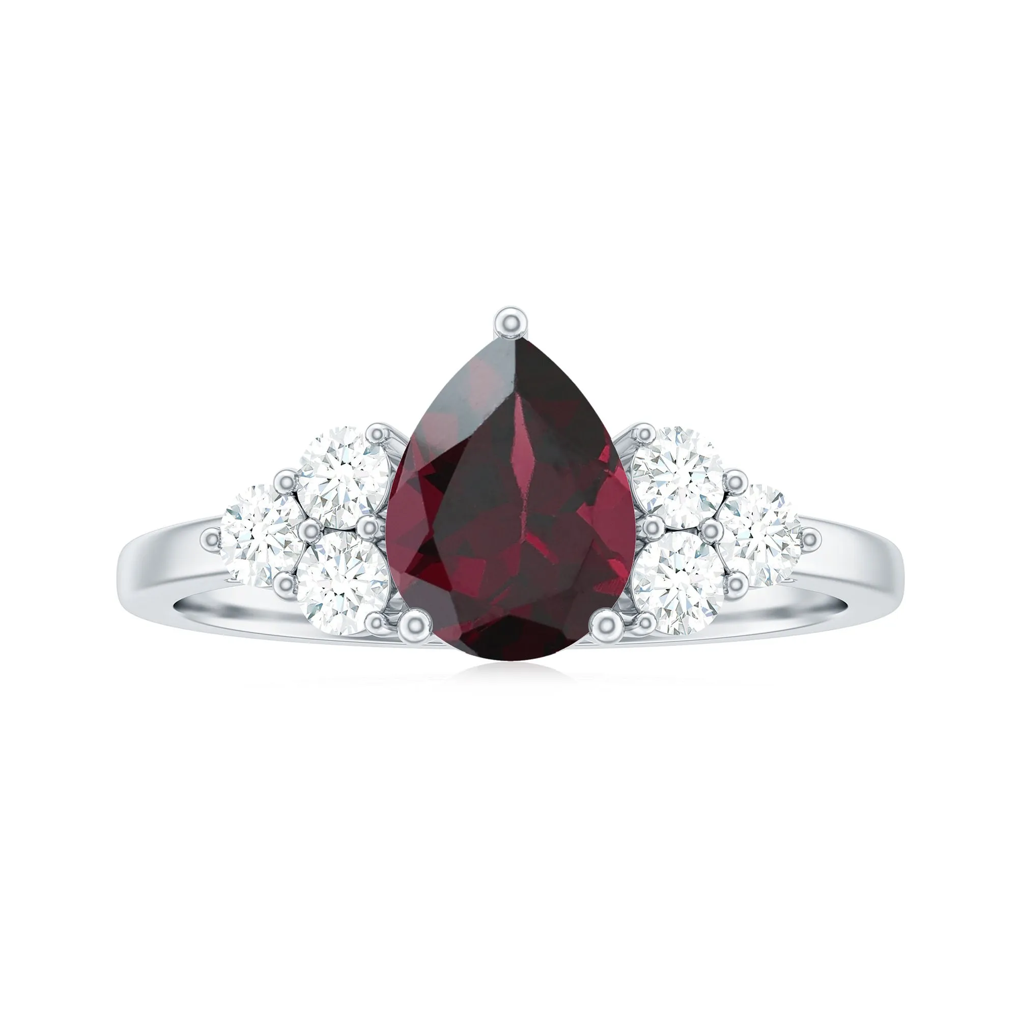 2 CT Pear Cut Rhodolite Solitaire Ring with Diamond Trio