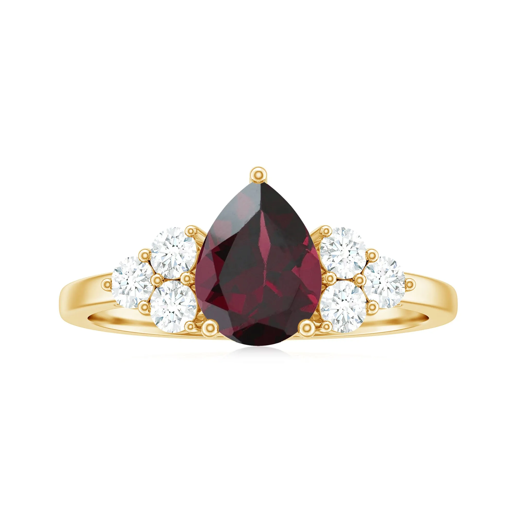 2 CT Pear Cut Rhodolite Solitaire Ring with Diamond Trio