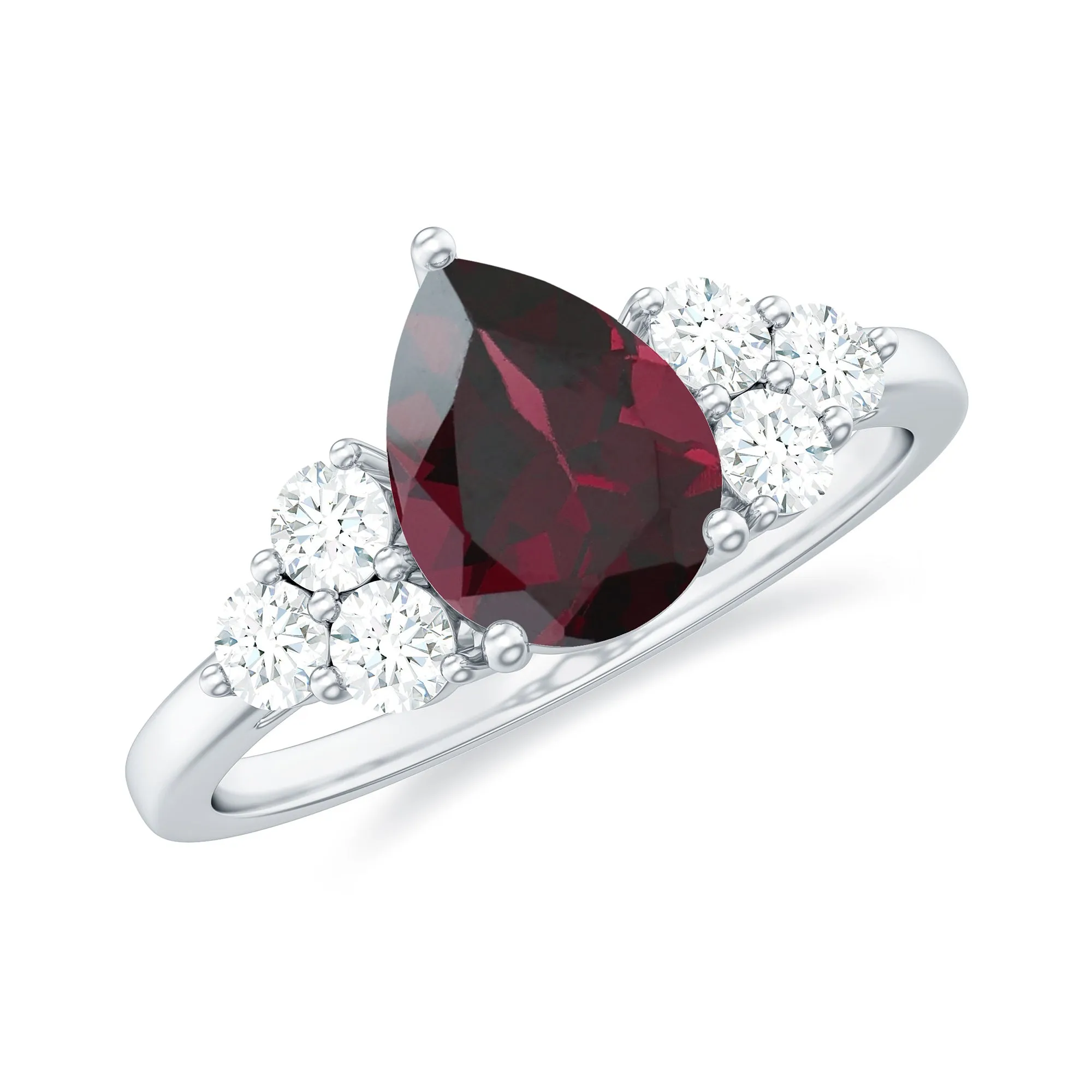 2 CT Pear Cut Rhodolite Solitaire Ring with Diamond Trio