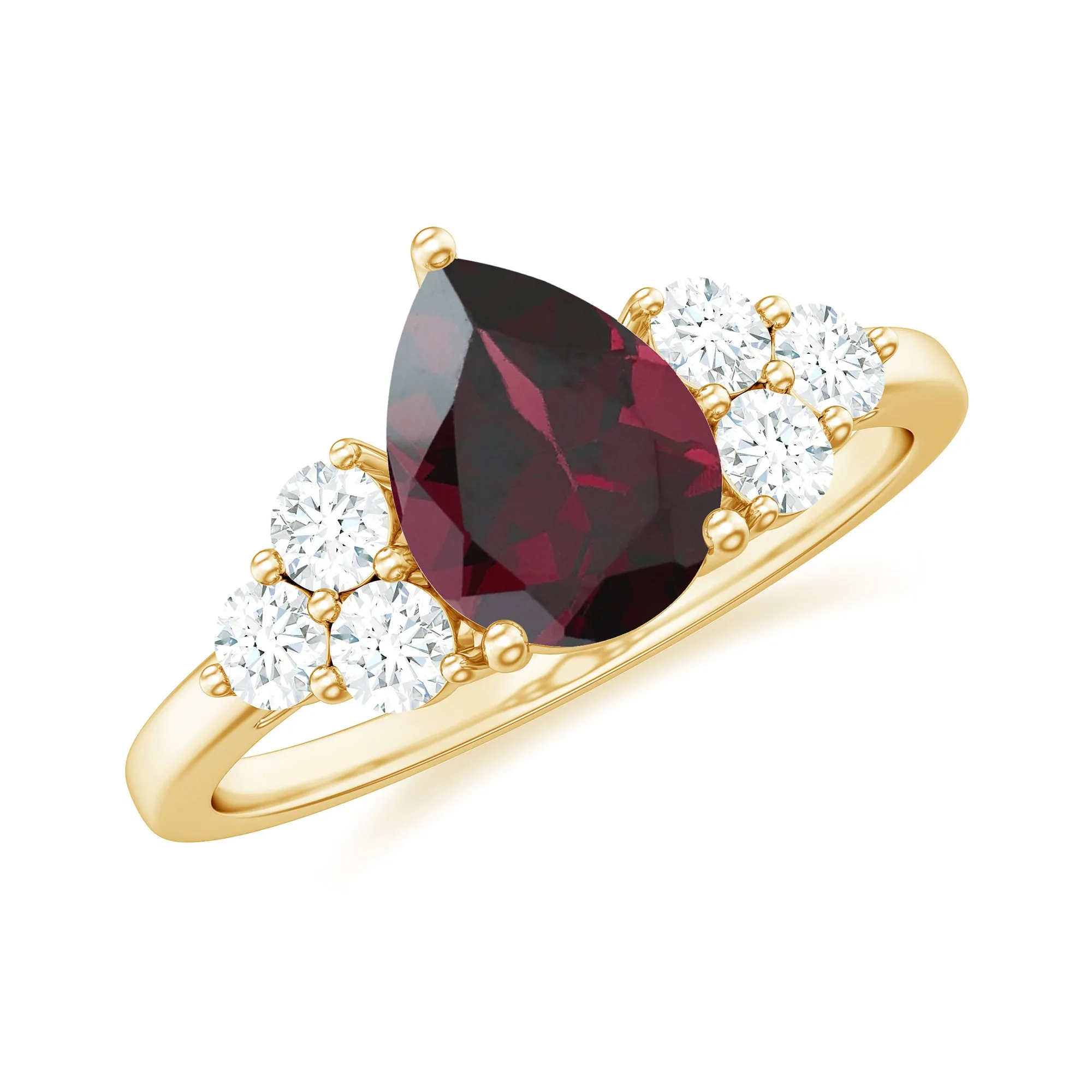 2 CT Pear Cut Rhodolite Solitaire Ring with Diamond Trio