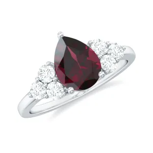 2 CT Pear Cut Rhodolite Solitaire Ring with Diamond Trio