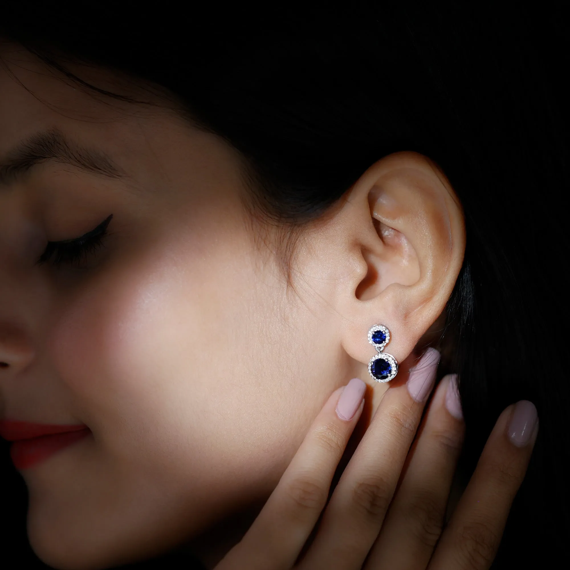 3 CT Created Blue Sapphire and Moissanite Halo Dangle Earrings