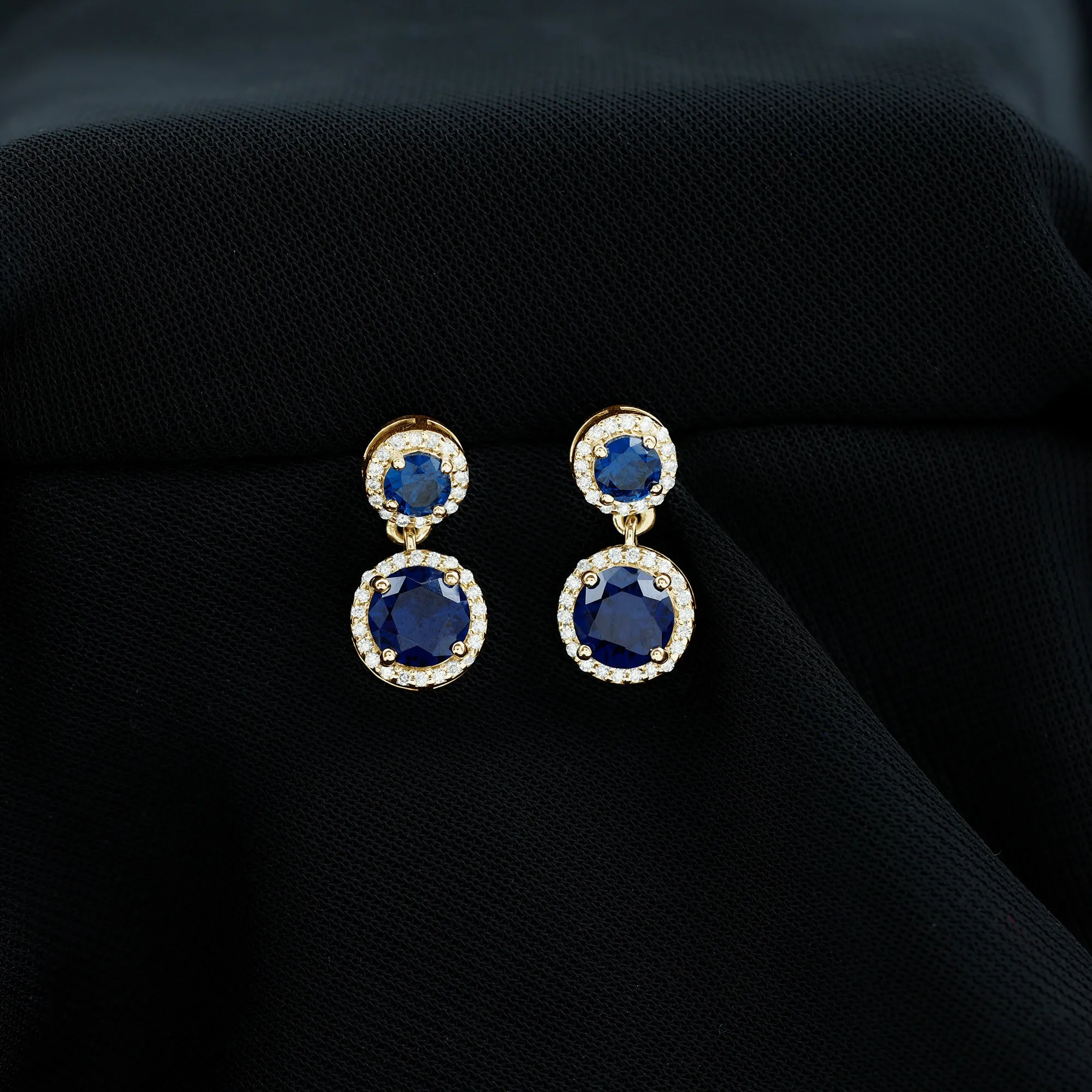3 CT Created Blue Sapphire and Moissanite Halo Dangle Earrings