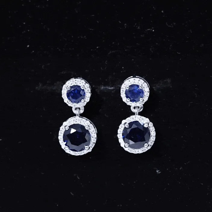 3 CT Created Blue Sapphire and Moissanite Halo Dangle Earrings