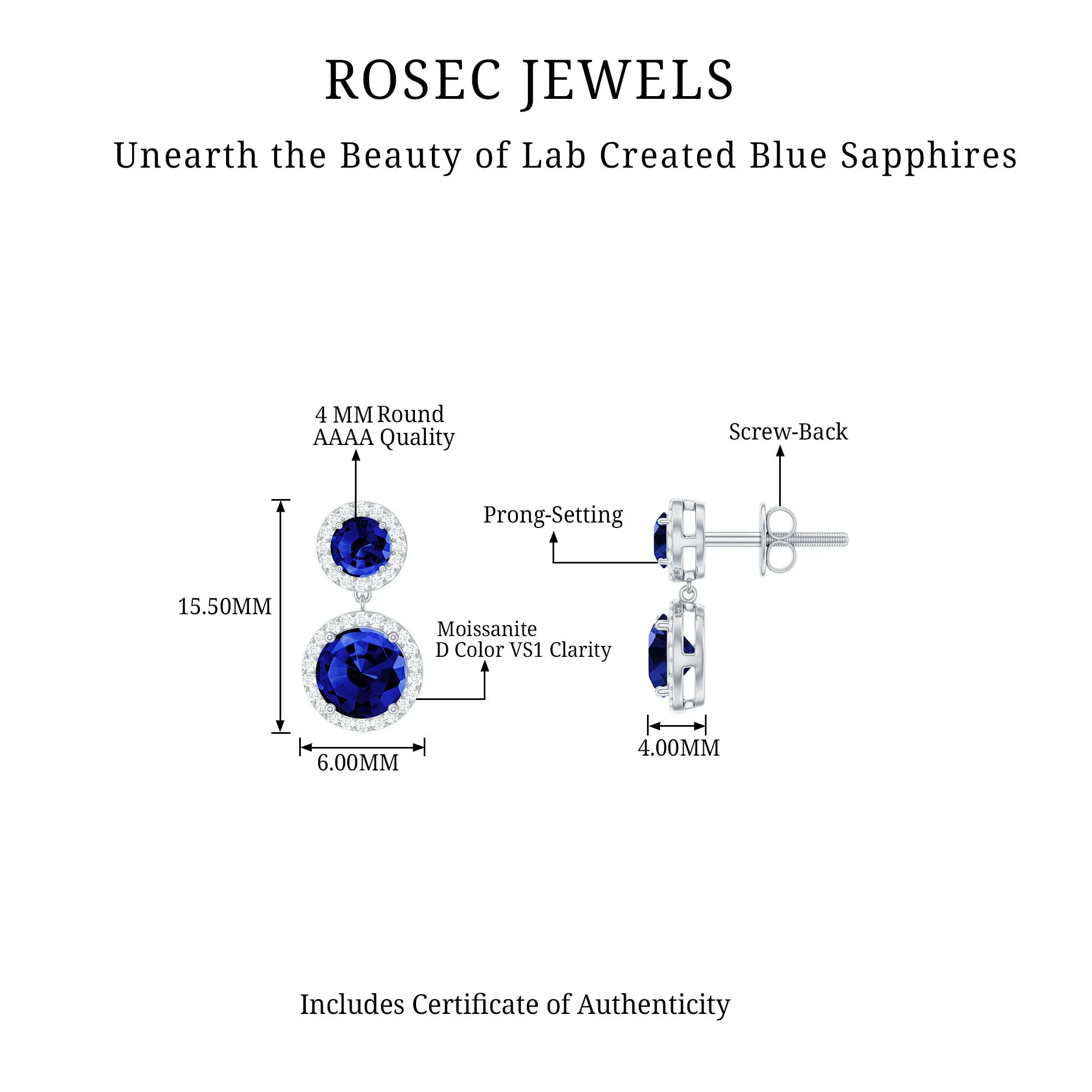 3 CT Created Blue Sapphire and Moissanite Halo Dangle Earrings