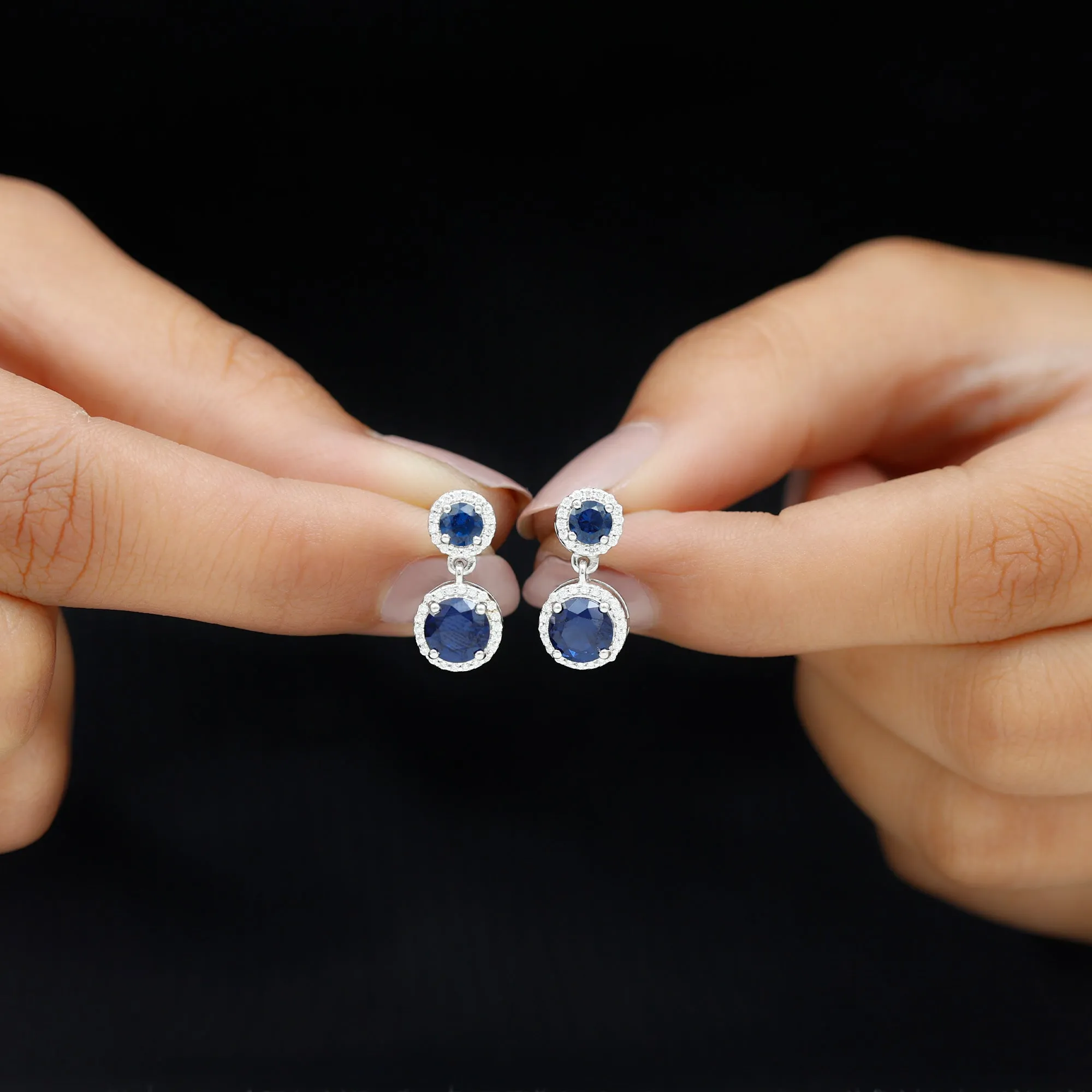 3 CT Created Blue Sapphire and Moissanite Halo Dangle Earrings