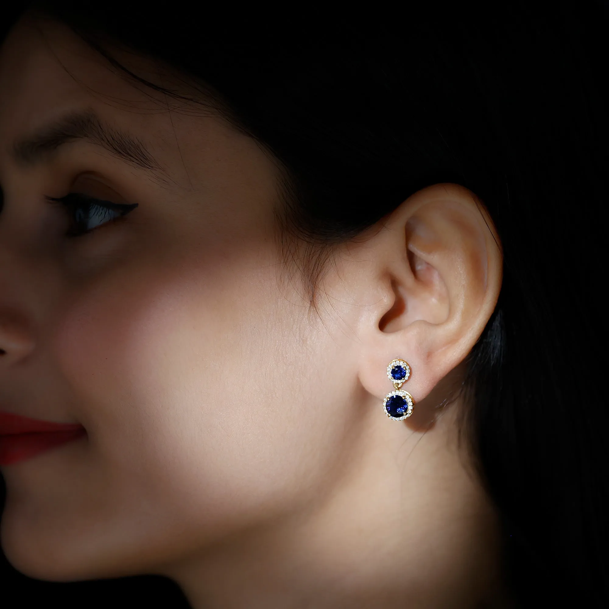 3 CT Created Blue Sapphire and Moissanite Halo Dangle Earrings