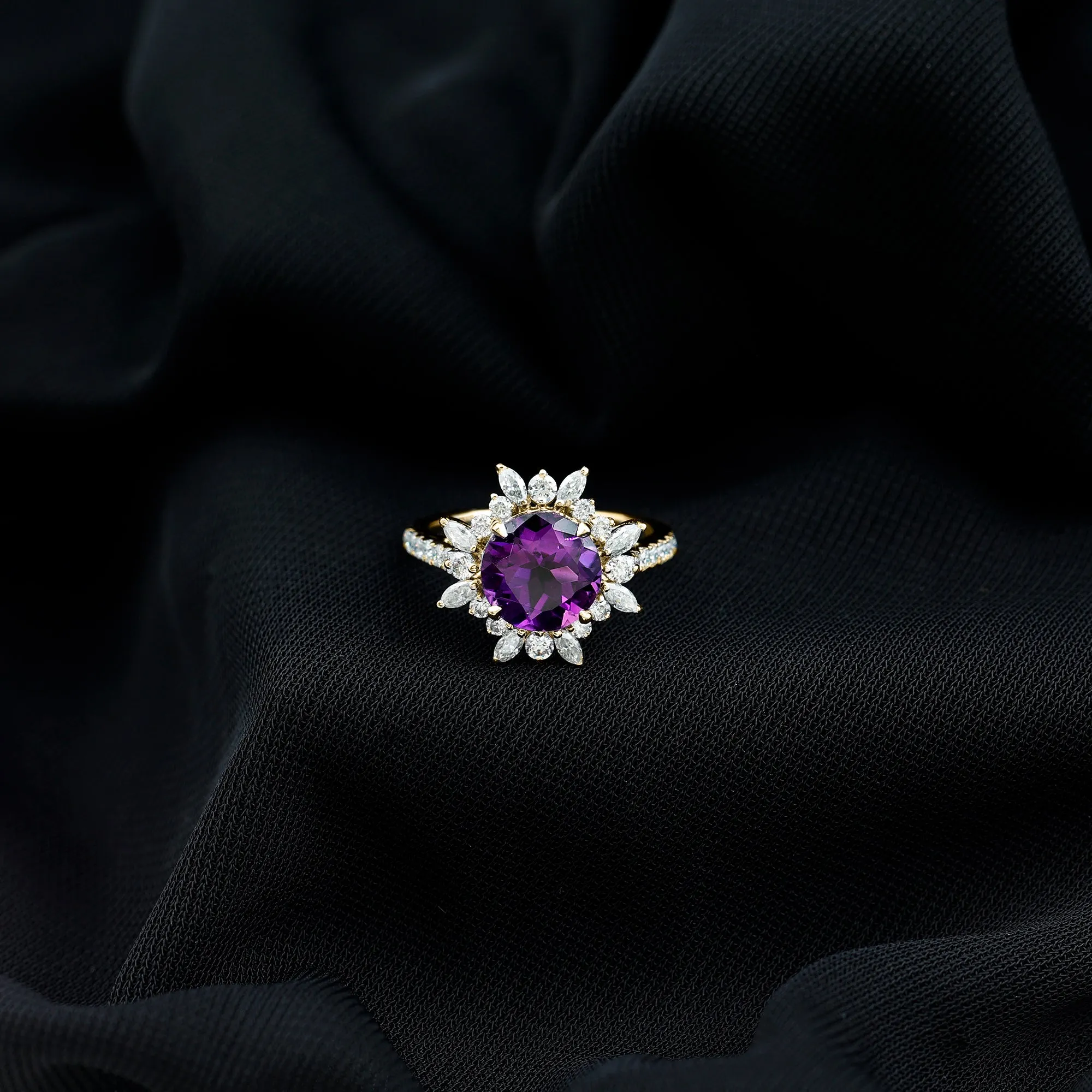 3 CT Round Amethyst Statement Ring with Moissanite Floral Halo