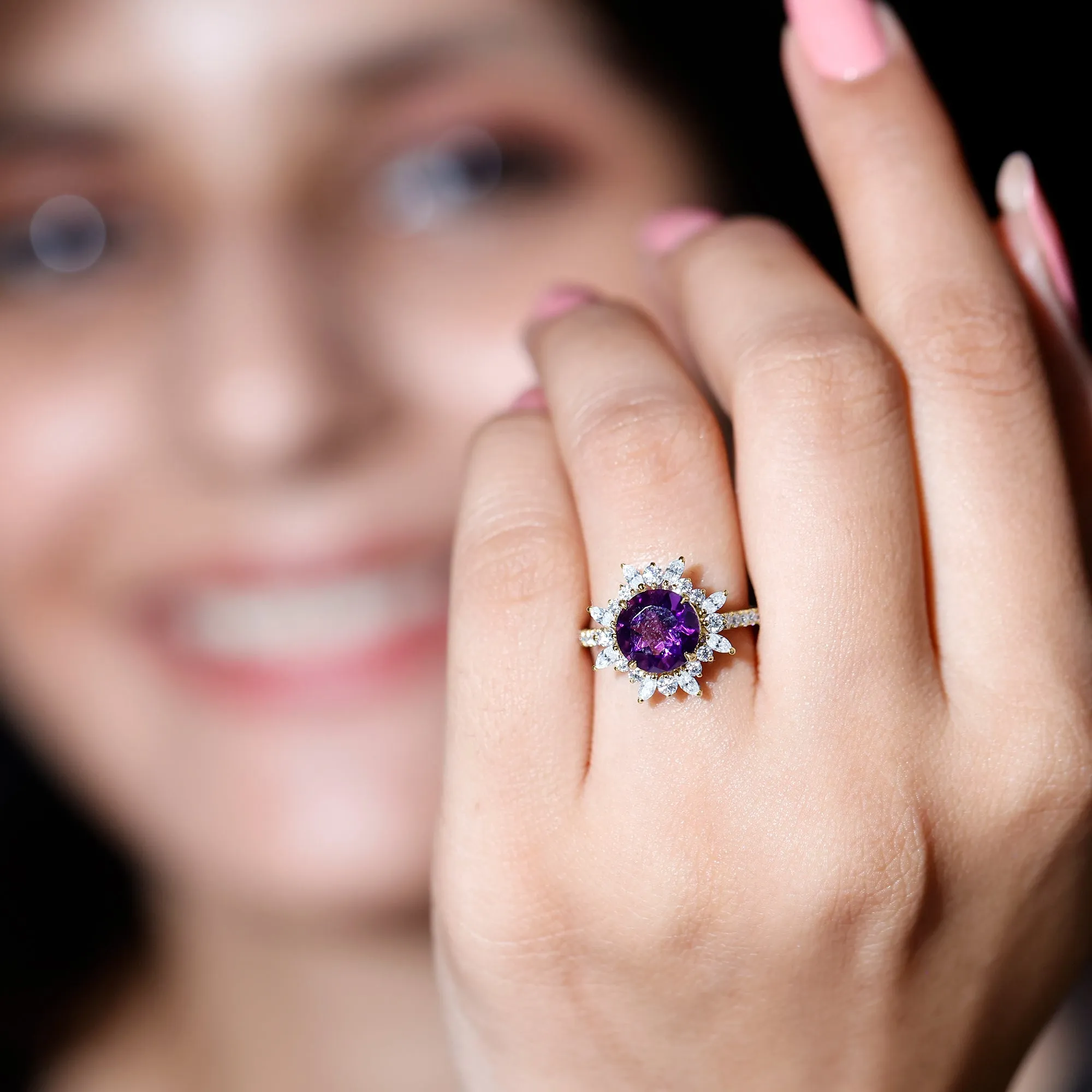 3 CT Round Amethyst Statement Ring with Moissanite Floral Halo
