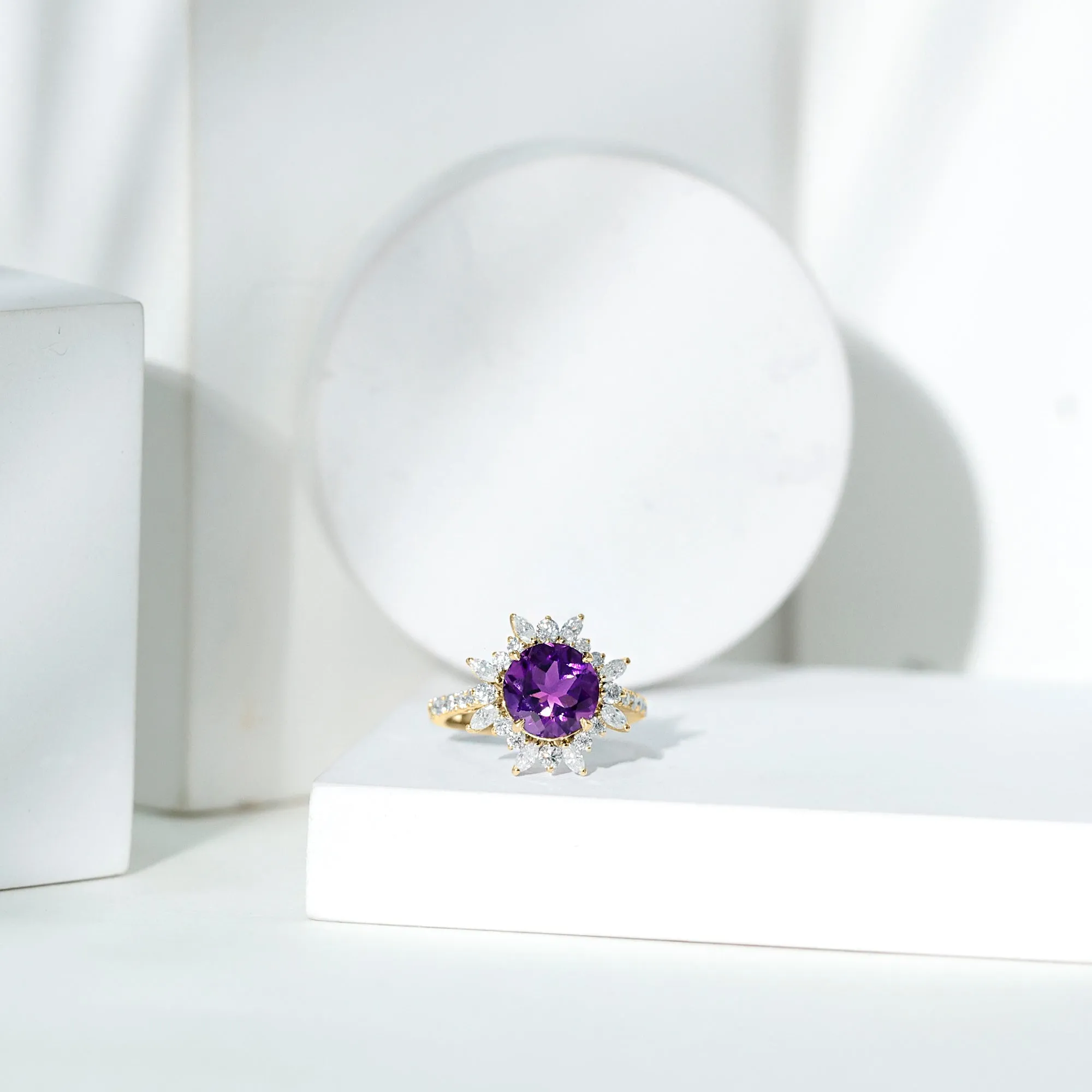 3 CT Round Amethyst Statement Ring with Moissanite Floral Halo