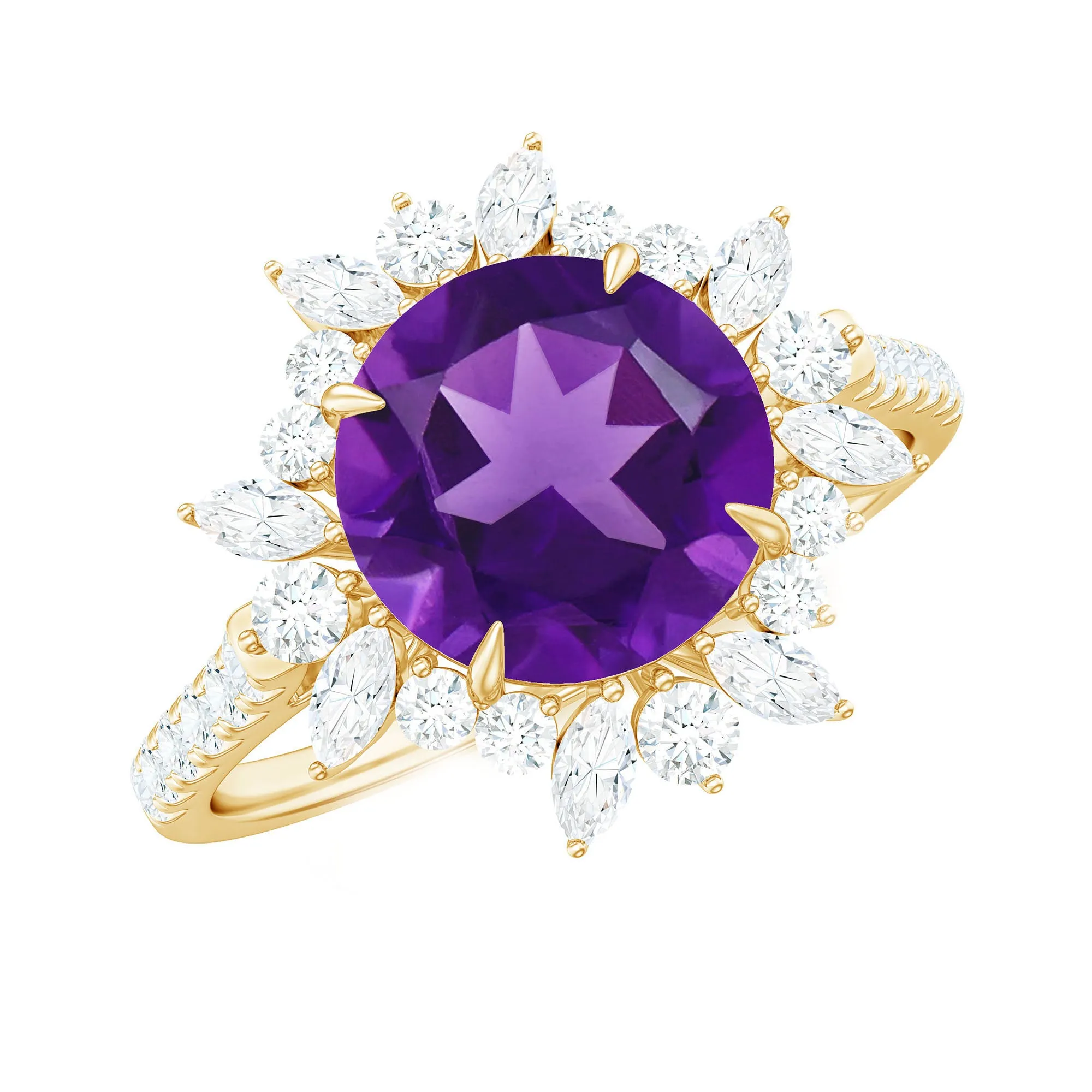 3 CT Round Amethyst Statement Ring with Moissanite Floral Halo