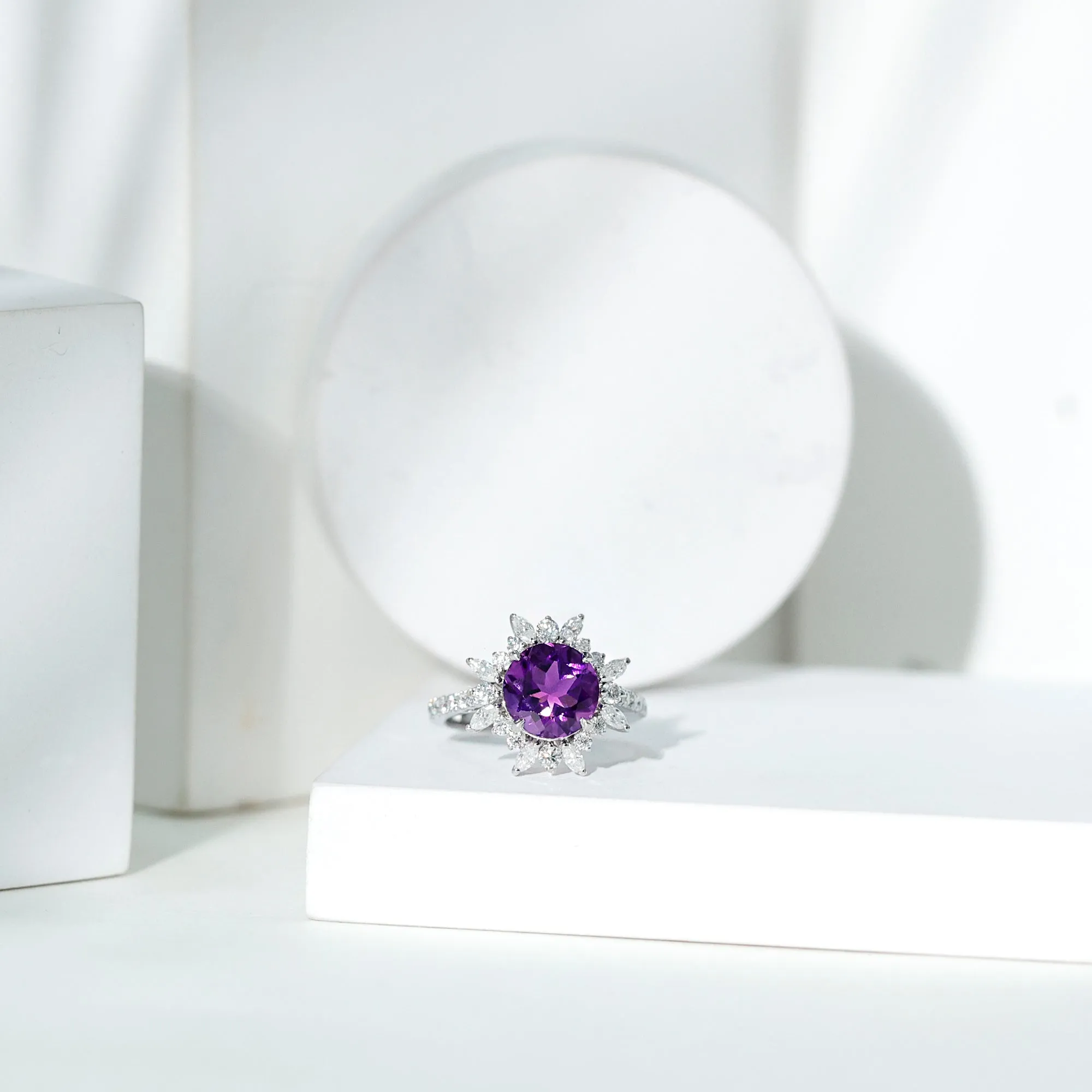3 CT Round Amethyst Statement Ring with Moissanite Floral Halo
