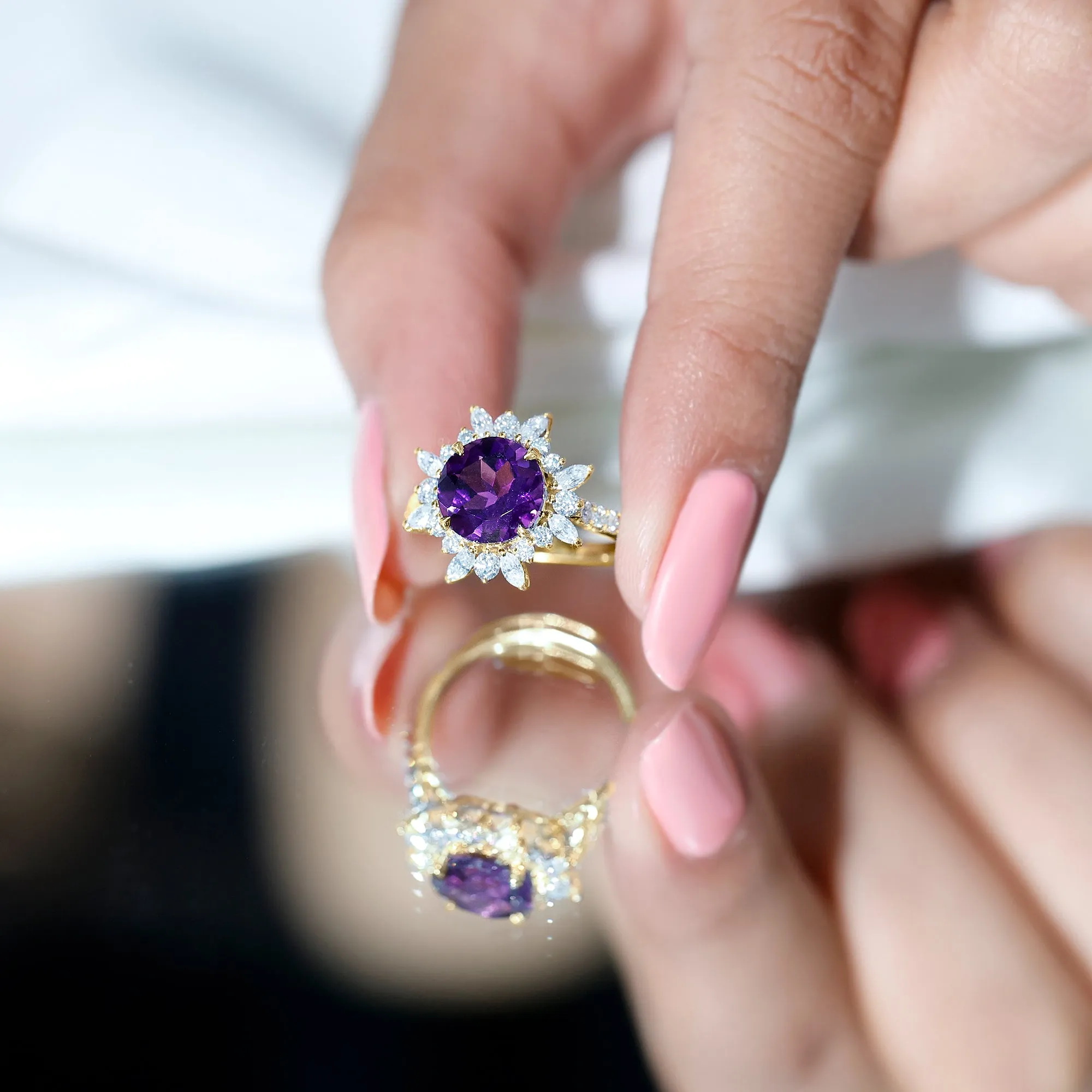 3 CT Round Amethyst Statement Ring with Moissanite Floral Halo