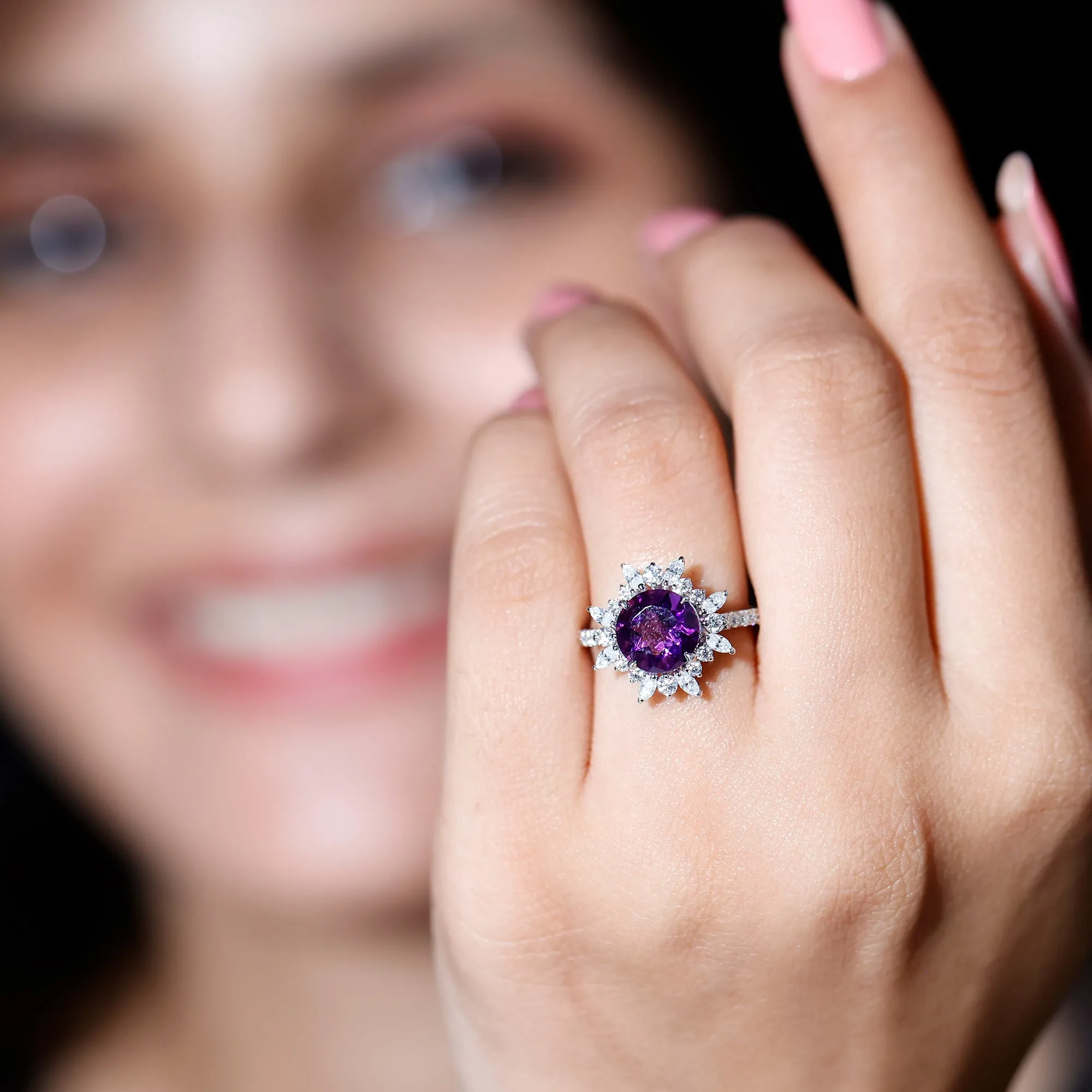 3 CT Round Amethyst Statement Ring with Moissanite Floral Halo