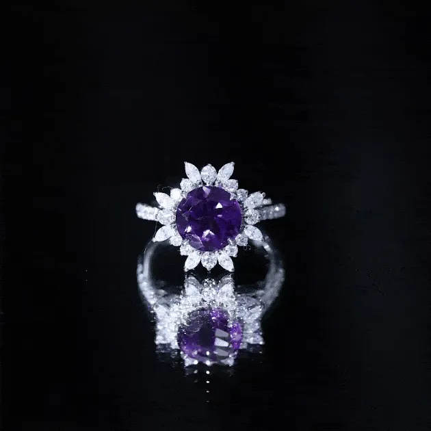 3 CT Round Amethyst Statement Ring with Moissanite Floral Halo
