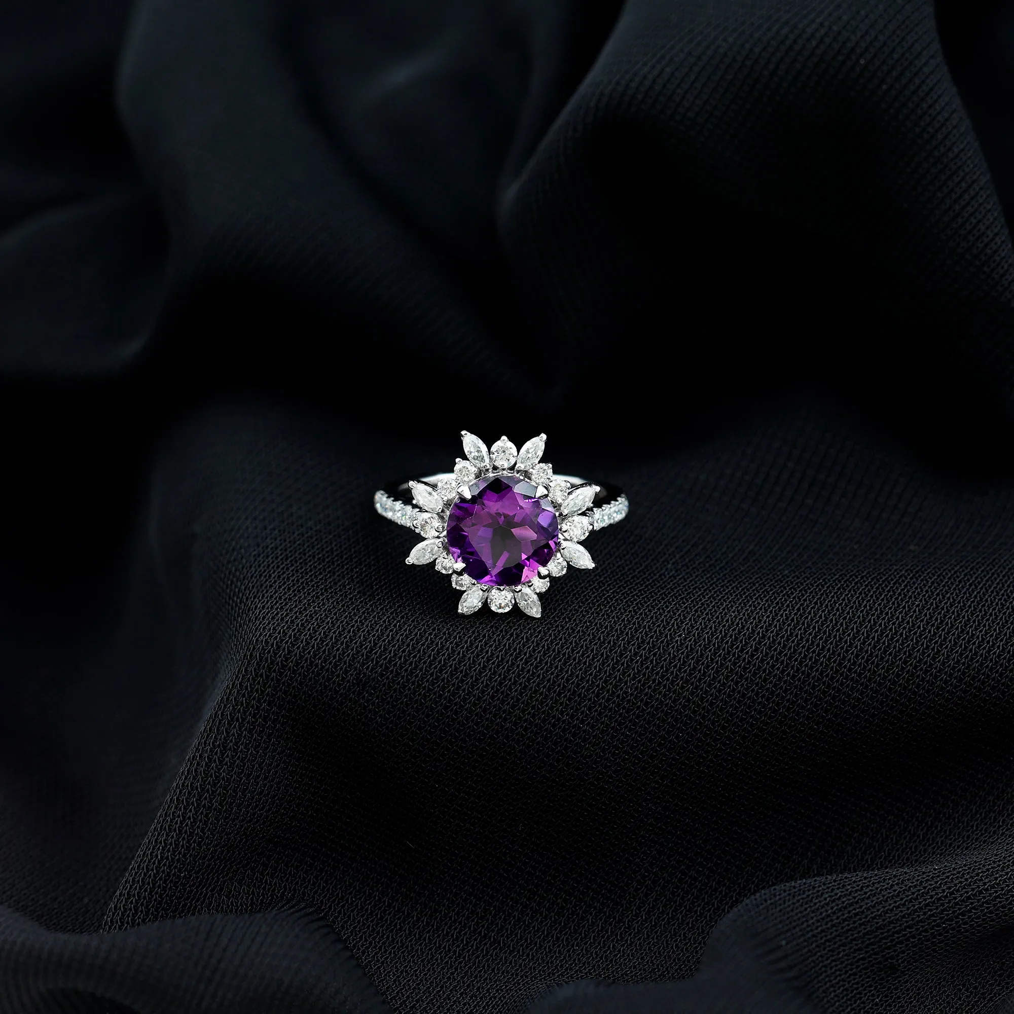 3 CT Round Amethyst Statement Ring with Moissanite Floral Halo