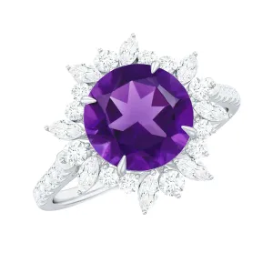 3 CT Round Amethyst Statement Ring with Moissanite Floral Halo