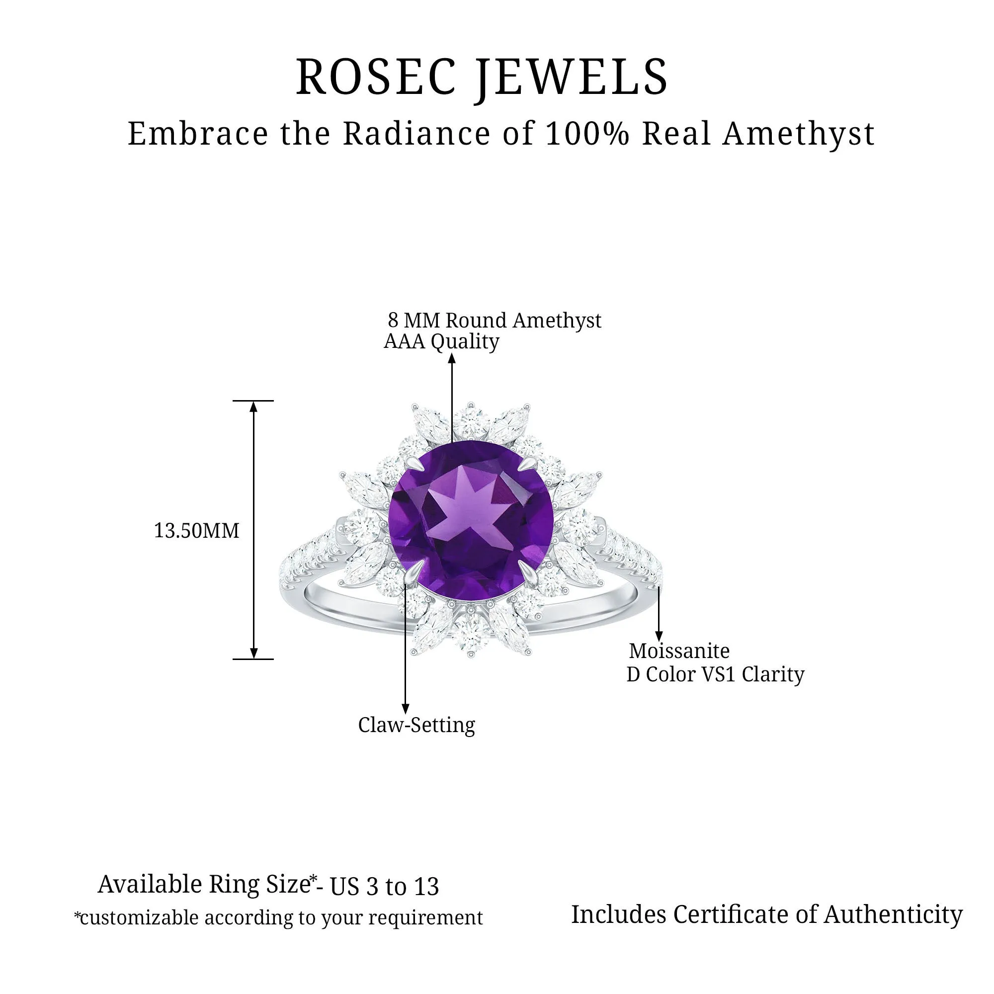 3 CT Round Amethyst Statement Ring with Moissanite Floral Halo