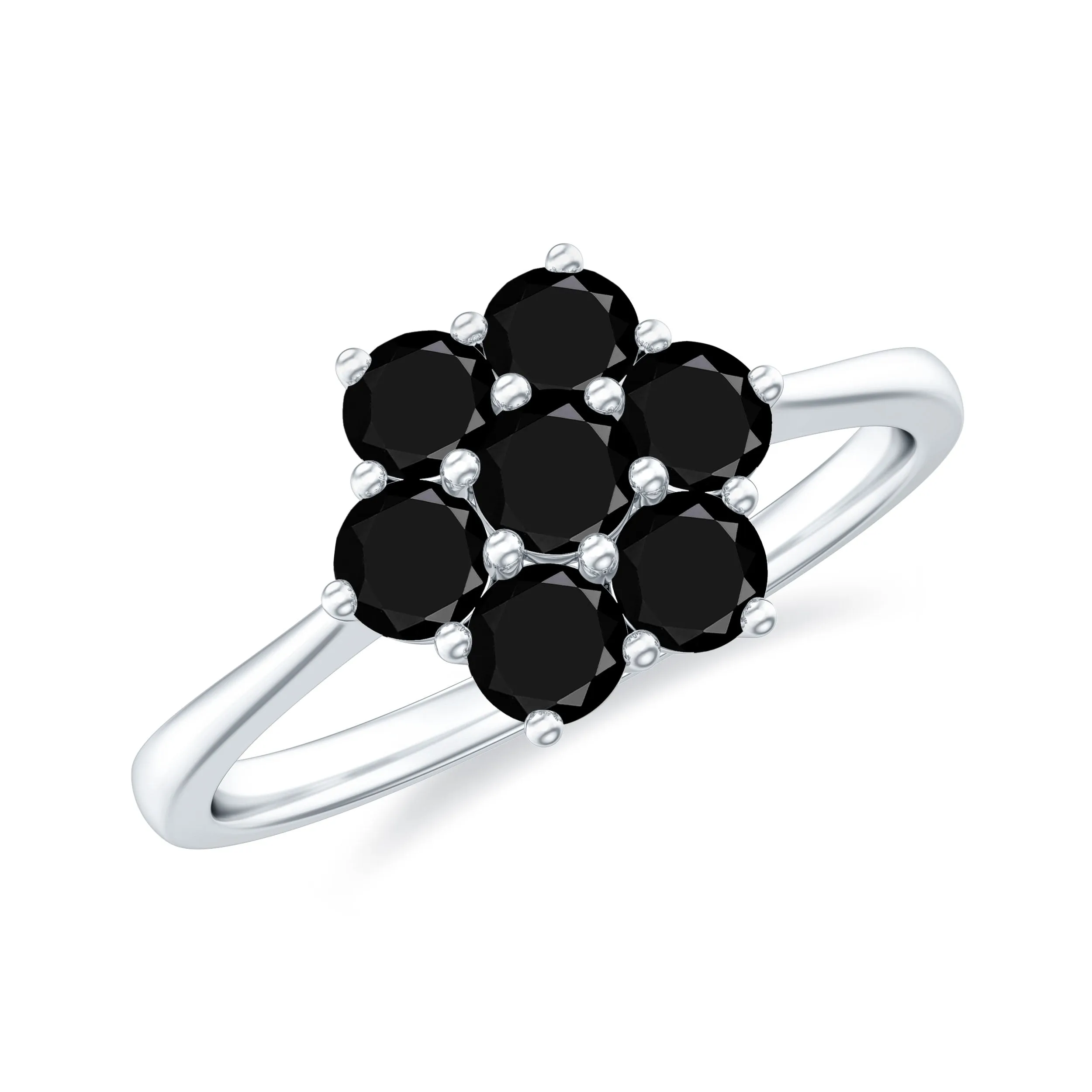 3/4 CT Round Shape Black Spinel Cluster Flower Ring