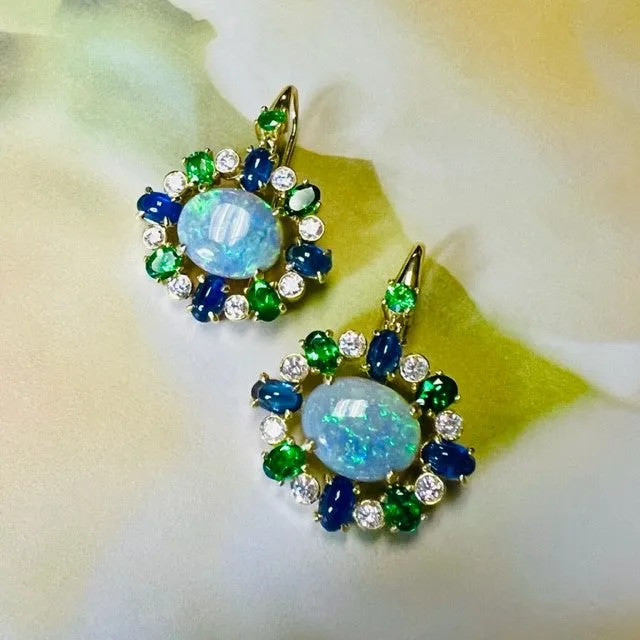 4.16 Carat Australian Opal, Green Garnet, Sapphire, Diamond Drop Earrings