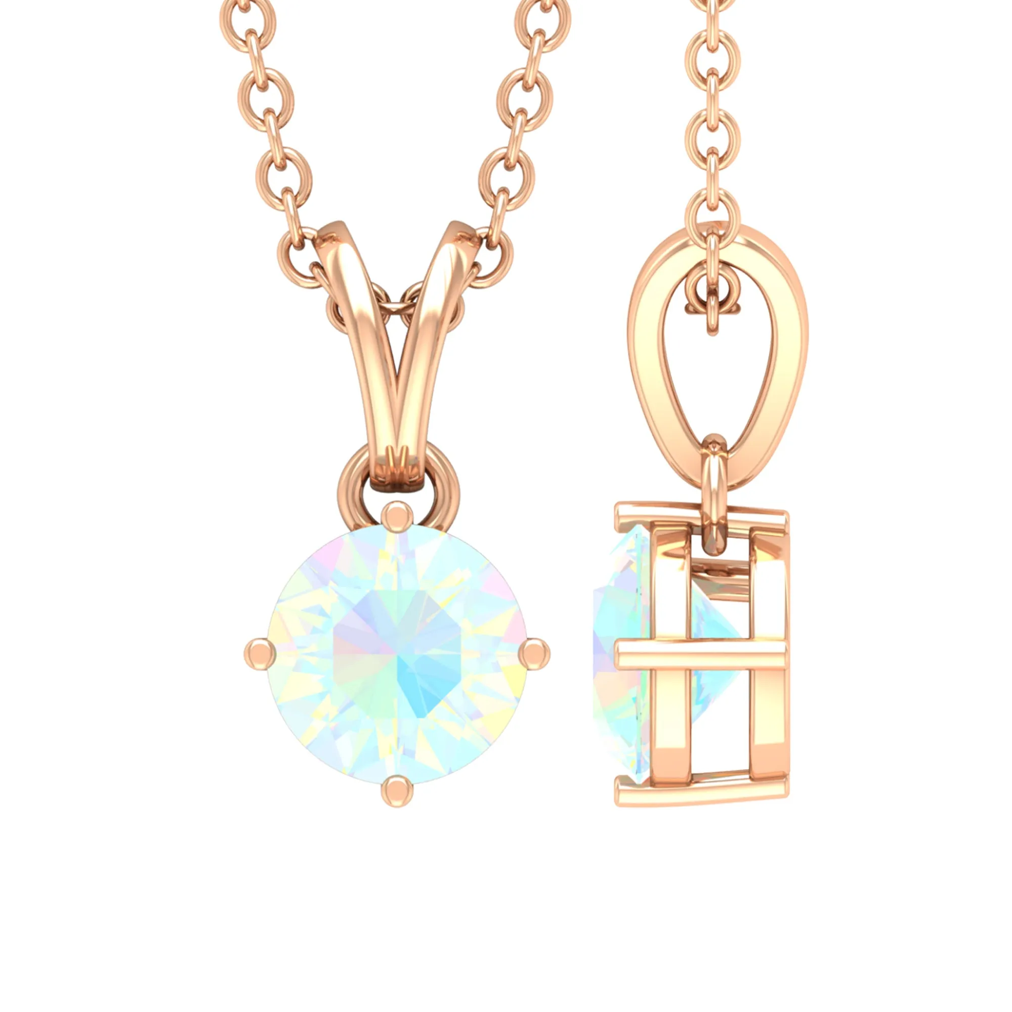 5 MM Round Cut Ethiopian Opal Solitaire Pendant in 4 Prong Setting with Rabbit Ear Bail