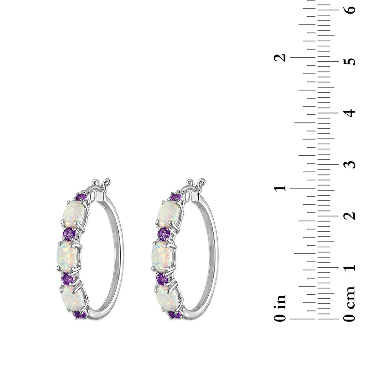 6X4MM Oval Opal and Amethyst Hoop Earrings in Rhodium Plated Sterling Silver
