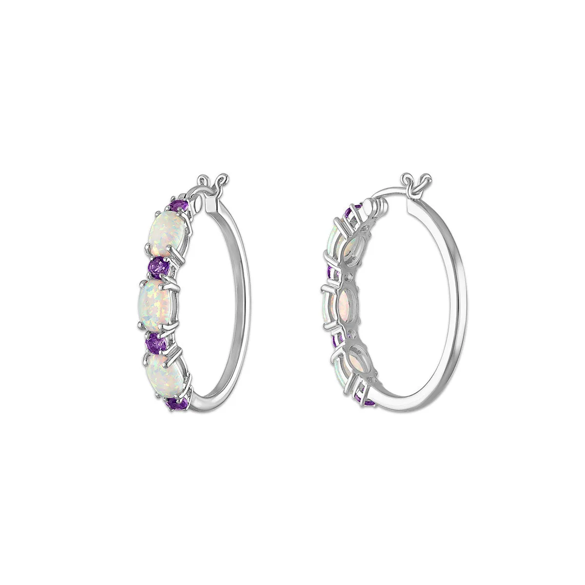6X4MM Oval Opal and Amethyst Hoop Earrings in Rhodium Plated Sterling Silver