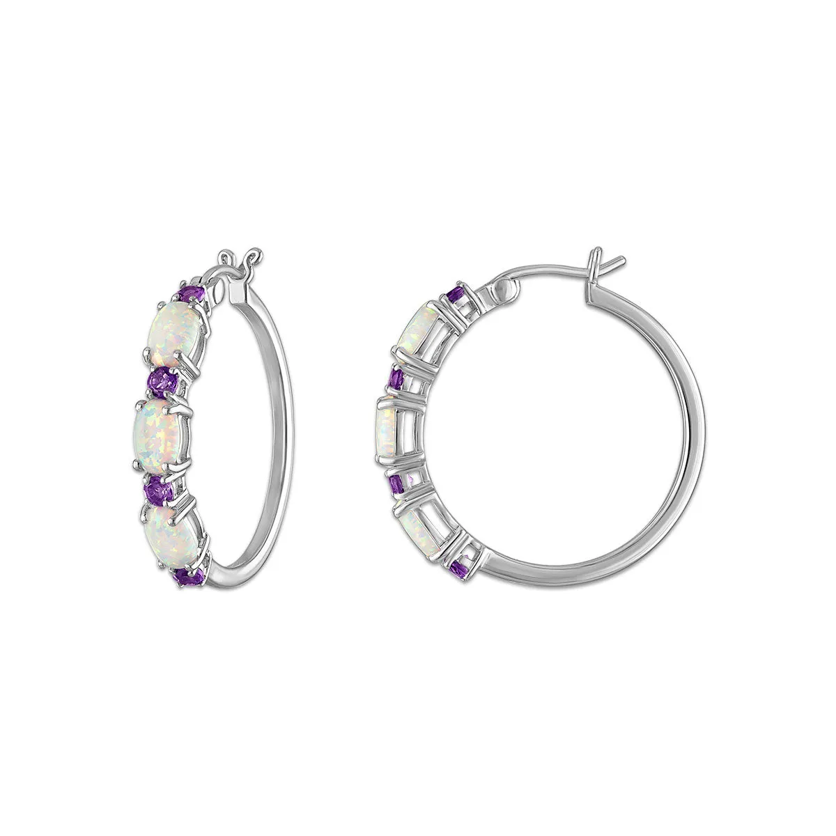 6X4MM Oval Opal and Amethyst Hoop Earrings in Rhodium Plated Sterling Silver